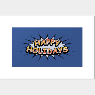 Comic Book Style 'Happy Holidays' Message on Blue Posters and Art